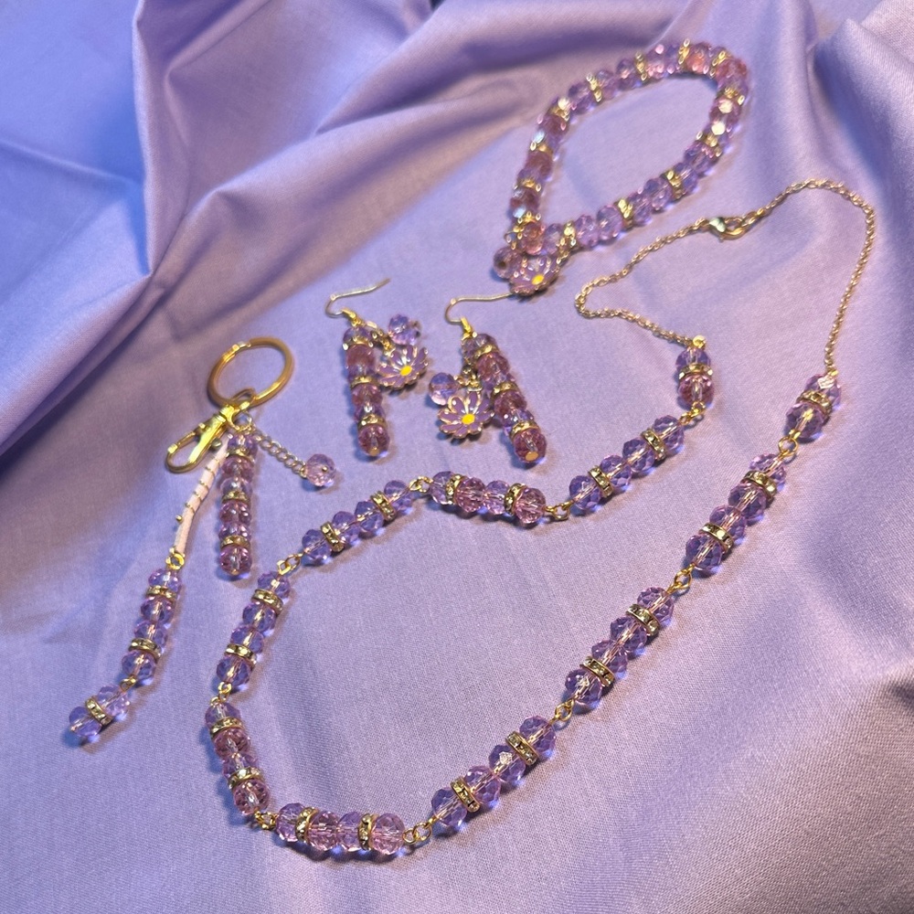 4 piece Lavender and Gold with Floral Charms Jewelry Set